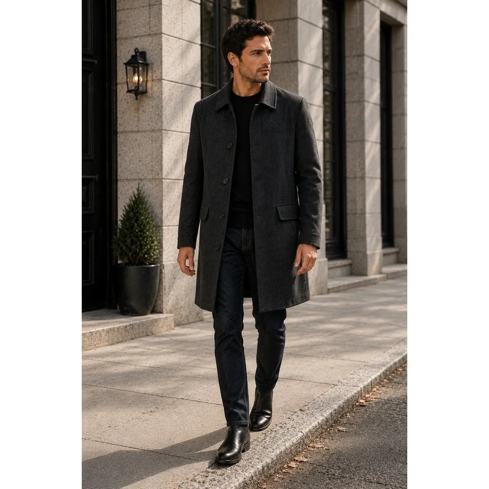 VINTAGE Banana Republic Italian Wool Cashmere Coat Men L Charcoal Car MINIMALIST